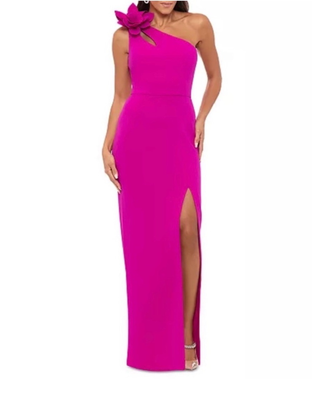 Xscape One Shoulder 3D Flower Appliqué Side Slit Dress Size 12